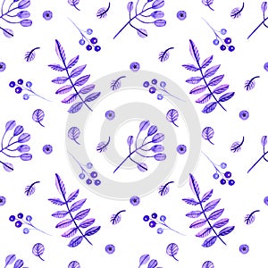 Watercolor pattern with watercolor sprigs, leaves and flowers on a colored background