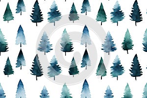 Watercolor pattern of spruce forest. Coniferous foggy forest illustration. Fir or pine trees for Christmas design.