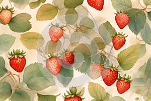 Watercolor pattern with strawberry berries, flowers and leaves