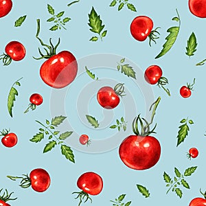 Watercolor pattern with tomatoes on blue background