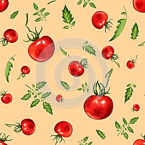 Watercolor pattern with tomatoes on yellow background