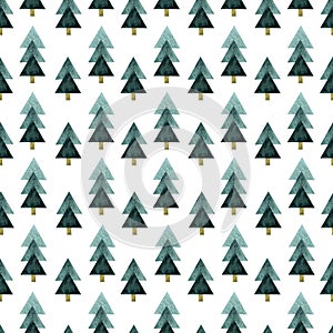 Watercolor pattern with triangle shaped lined up blue christmas trees seamless pattern isolated on white background