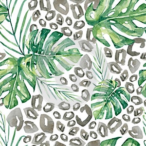 Watercolor pattern tropical floral with green leaves and greenery on animal skin. Illustration for the textille print