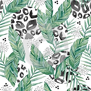 Watercolor pattern tropical floral with green leaves and leopard skin. Greenery abstract doodle art illustration for the textille