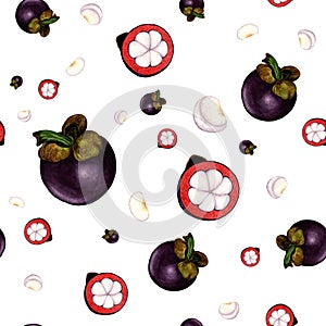 Watercolor pattern with tropical fruit mangosteen