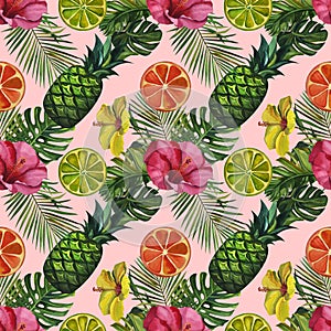 Watercolor pattern with tropical palm leaves, bananas, pineapples, flowers. Seamless pattern