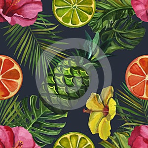 Watercolor pattern with tropical palm leaves, bananas, pineapples, flowers. Seamless pattern