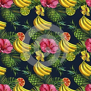 Watercolor pattern with tropical palm leaves, bananas, pineapples, flowers. Seamless pattern