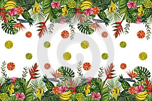 Watercolor pattern with tropical palm leaves, bananas, pineapples, flowers. Seamless pattern