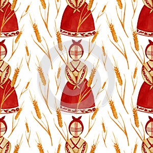 Watercolor pattern in Ukrainian style, rag doll, motanka, wheat on white background. For various products, wrapping,etc.