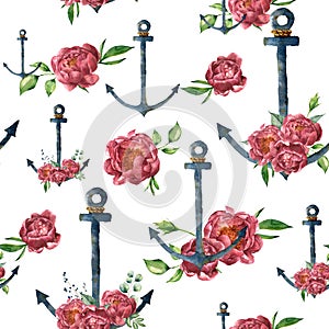 Watercolor pattern with vintage anchor and peony flower. Hand painted nautical illustration with floral decor isolated