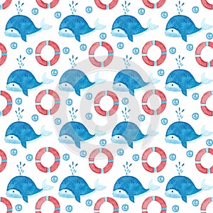 Watercolor pattern with whales and preservers photo