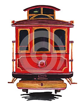 Watercolor pattern on a white background as an element of design, with a tram car