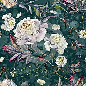 Watercolor Pattern with White Peonies
