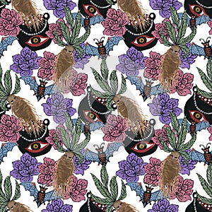 Watercolor pattern witchcraft with flower, bat, ginseng backgroundFor wrapping paper, cards, posters, web design, pattern