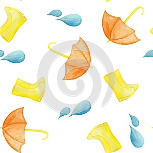 Watercolor pattern with yellow rain, umbrella, rainbow, raindrops .