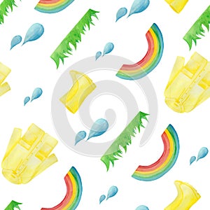 Watercolor pattern with yellow rain, umbrella, rainbow, raindrops .