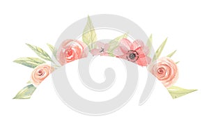 Watercolor Peach Coral Green Arrangement Frame Arch Pink Flowers Border