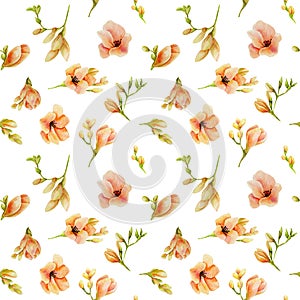 Watercolor peach freesia flowers seamless pattern