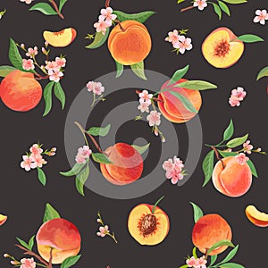 Watercolor peach seamless pattern, tropic fruits, leaves, flowers texture. background illustration