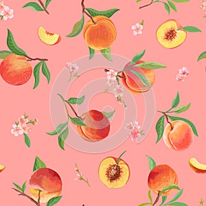 Watercolor peach texture, tropic fruits, leaves, flowers pattern. seamless background illustration