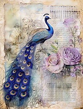 watercolor of peacock bird, Journal page retro vintage and romanticism with floral garden and old torn paper,