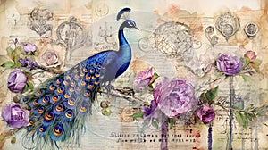 watercolor of peacock bird, Journal page retro vintage and romanticism with floral garden and old torn paper,