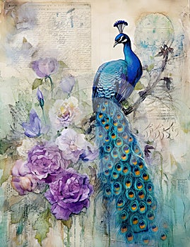 watercolor of peacock bird, Journal page retro vintage and romanticism with floral garden and old torn paper,