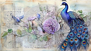 watercolor of peacock bird, Journal page retro vintage and romanticism with floral garden and old torn paper, photo