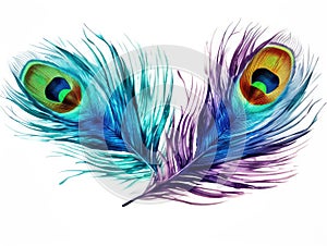 Watercolor Peacock Feather Isolated, Aquarelle Plumage, Creative Watercolor Exotic Feather Texture