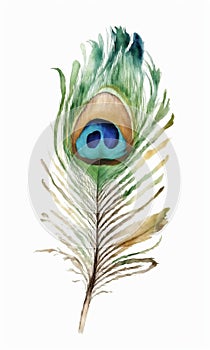 Watercolor peacock feather on white background. Hand drawn illustration.