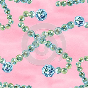 Watercolor pearl beads pattern. diamond luxury jewelry. riches seamless background