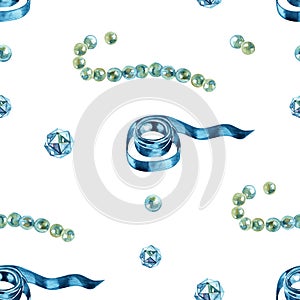 Watercolor pearl beads pattern. diamond luxury jewelry. riches seamless background
