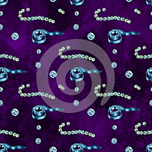 Watercolor pearl beads pattern. diamond luxury jewelry. riches seamless background