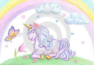 Watercolor pencil drawing of mythical sleeping Unicorn on green grass against clouds and rainbow background and flying butterfly