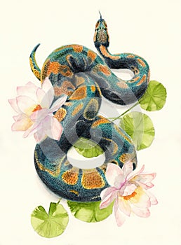 Watercolor pencil illustration of a green snake