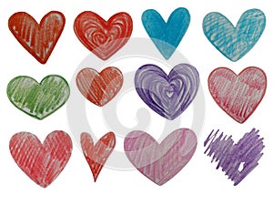Watercolor pencil set of colored hearts. Abstract watercolor green,purple, orange, red, pink heart background.