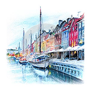 Watercolor pencils sketch of Nyhavn, Copenhagen, Denmark.