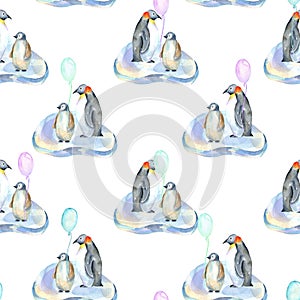 Watercolor penguins with air balloons on ice floes seamless pattern