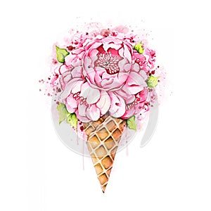 Watercolor peonies in waffle cone