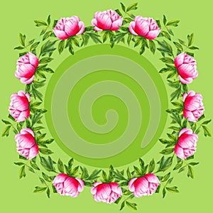 Watercolor peony flower round frame. Hand painted wreath isolated on green background. Floral design artwork for the