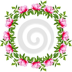 Watercolor peony flower round frame. Hand painted wreath isolated on white background. Floral design artwork for the poster,