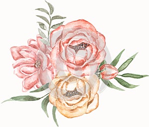 Watercolor peony and greenery bouquet clipart, delicate flowers illustration in vintage style, yellow and pink rose flower clip