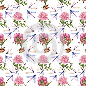 Watercolor peony seamless pattern