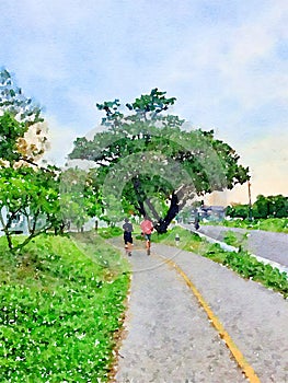 Watercolor of people running on the way in nature gardrn