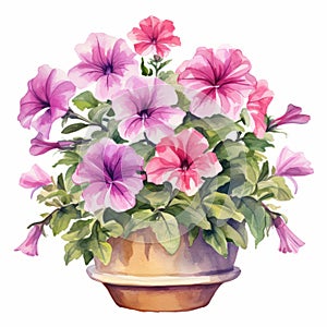 Watercolor Petunias In Pot: Traditional Composition Clipart