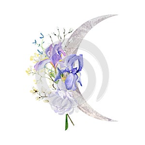 Watercolor phase of the moon with flower bouquet illustration logo design. Hand drawn rose, peony, iris, wildflower, leaves, twigs