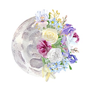 Watercolor phase of the moon with flower bouquet illustration logo design. Hand drawn rose, peony, iris, wildflower, leaves, twigs