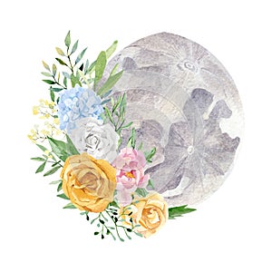 Watercolor phase of the moon with flower bouquet illustration logo design. Hand drawn rose, peony, iris, wildflower, leaves, twigs