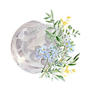 Watercolor phase of the moon with flower bouquet illustration logo design. Hand drawn rose, peony, iris, wildflower, leaves, twigs